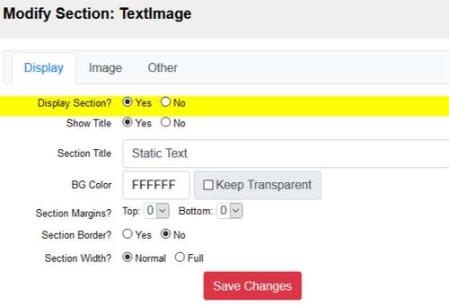 Modify Section: Text Image - Display properties